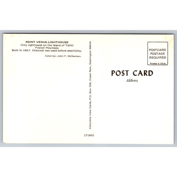 Postcard Tahiti French Polynesia Point Venus Lighthouse c1990s Charcoal Used VTG - Picture 2 of 2